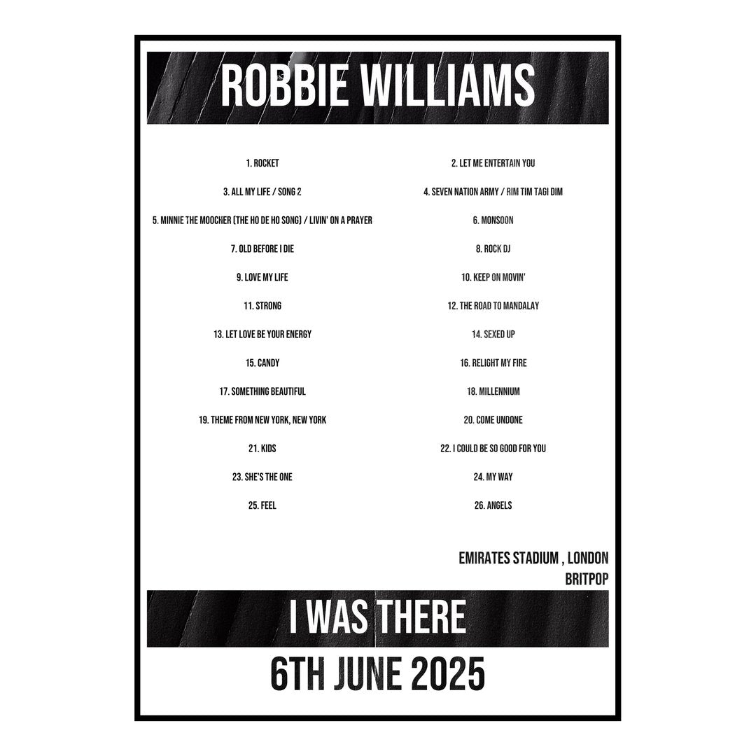 Robbie Williams London 6th June 2025 Setlist poster