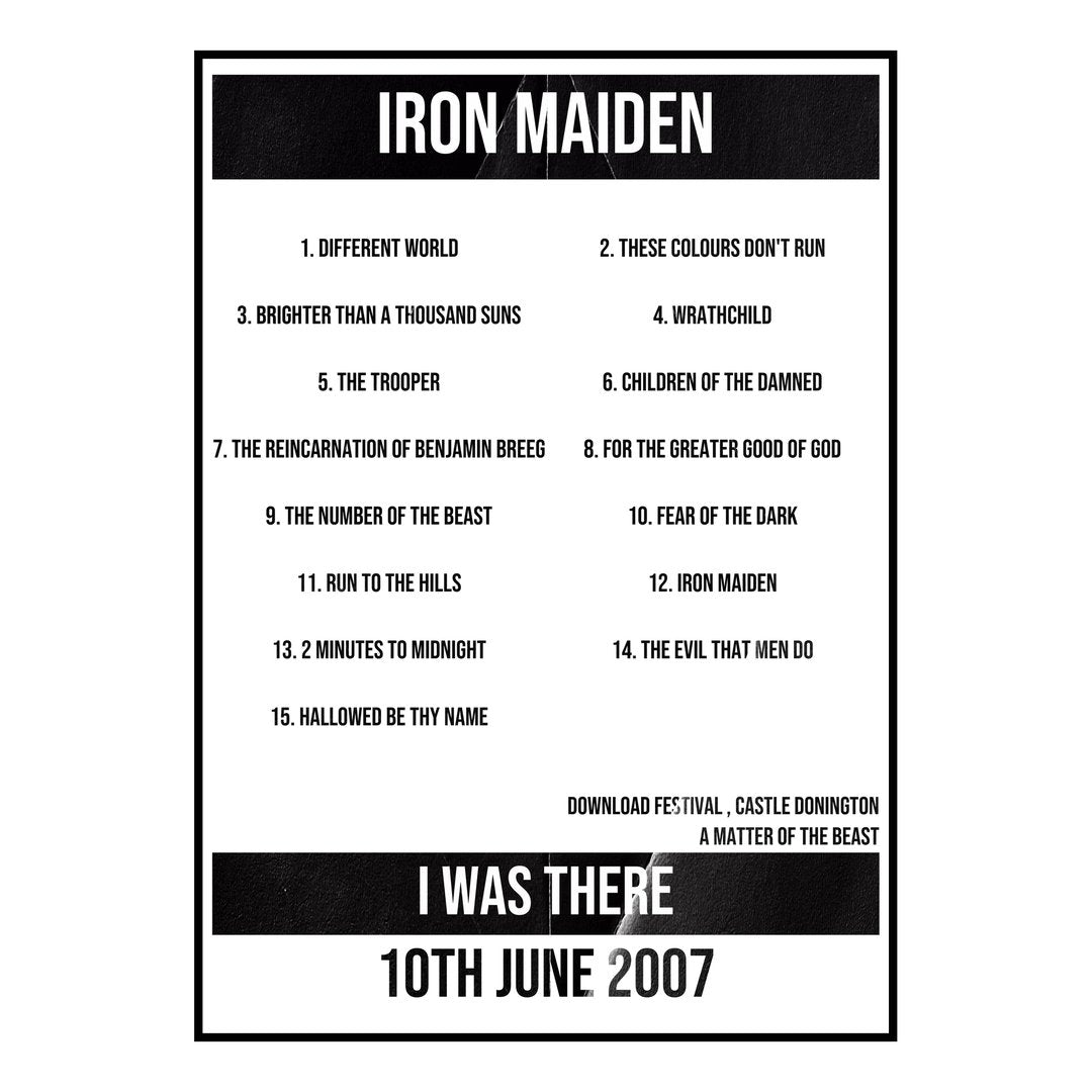 Iron Maiden Castle Donington 10th June 2007 Setlist poster