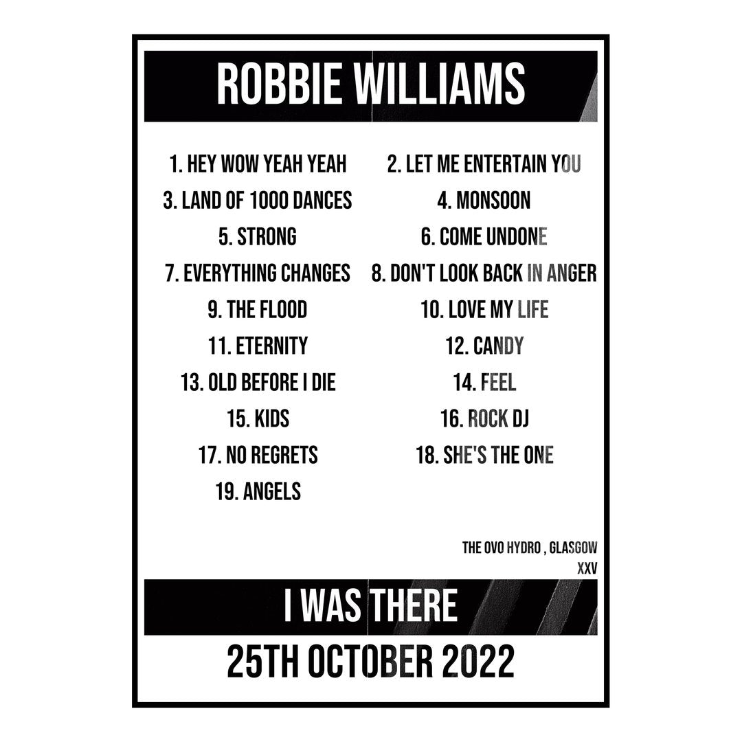 Robbie Williams Glasgow 25th October 2022 Setlist poster