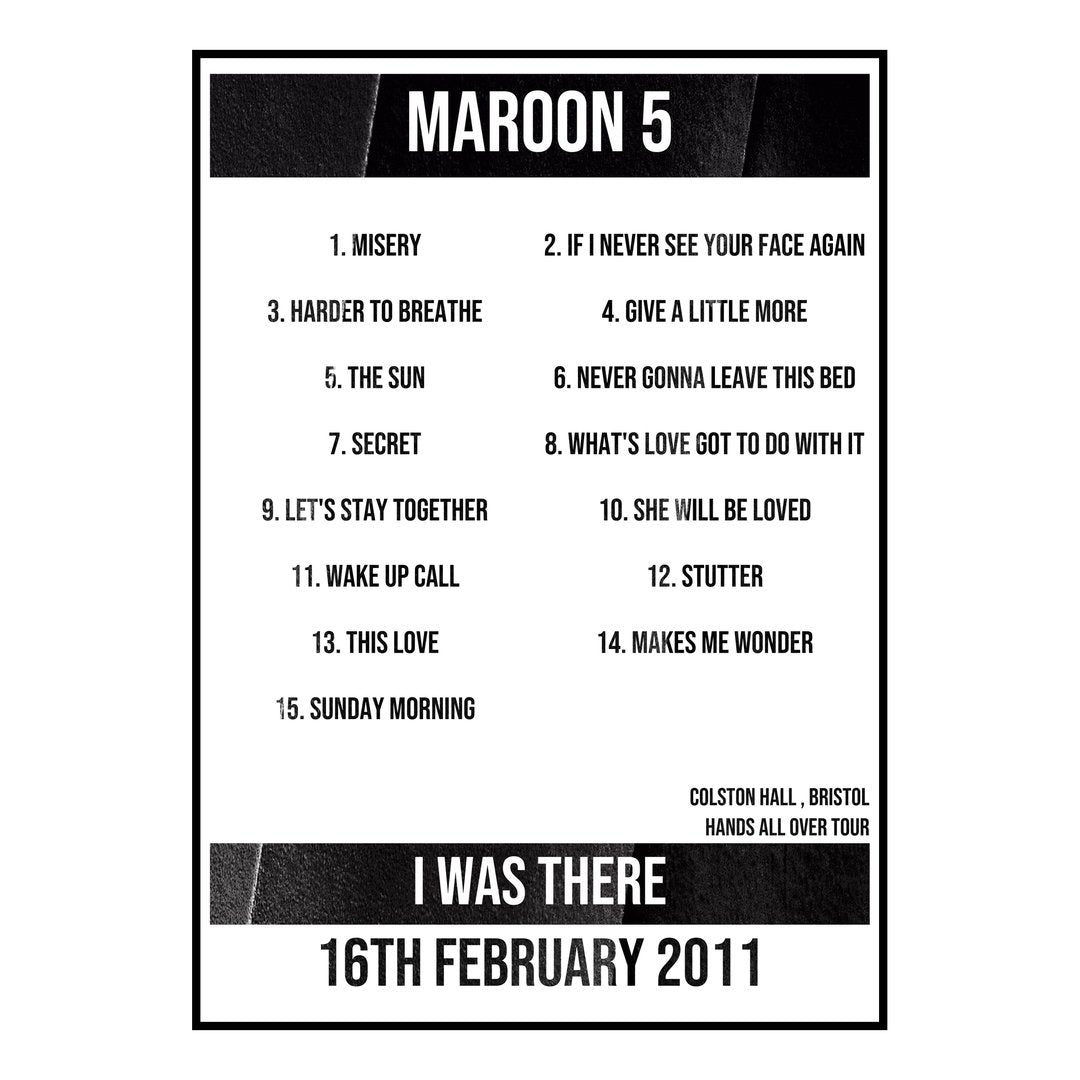 Maroon 5 Bristol 16th February 2011 Setlist poster