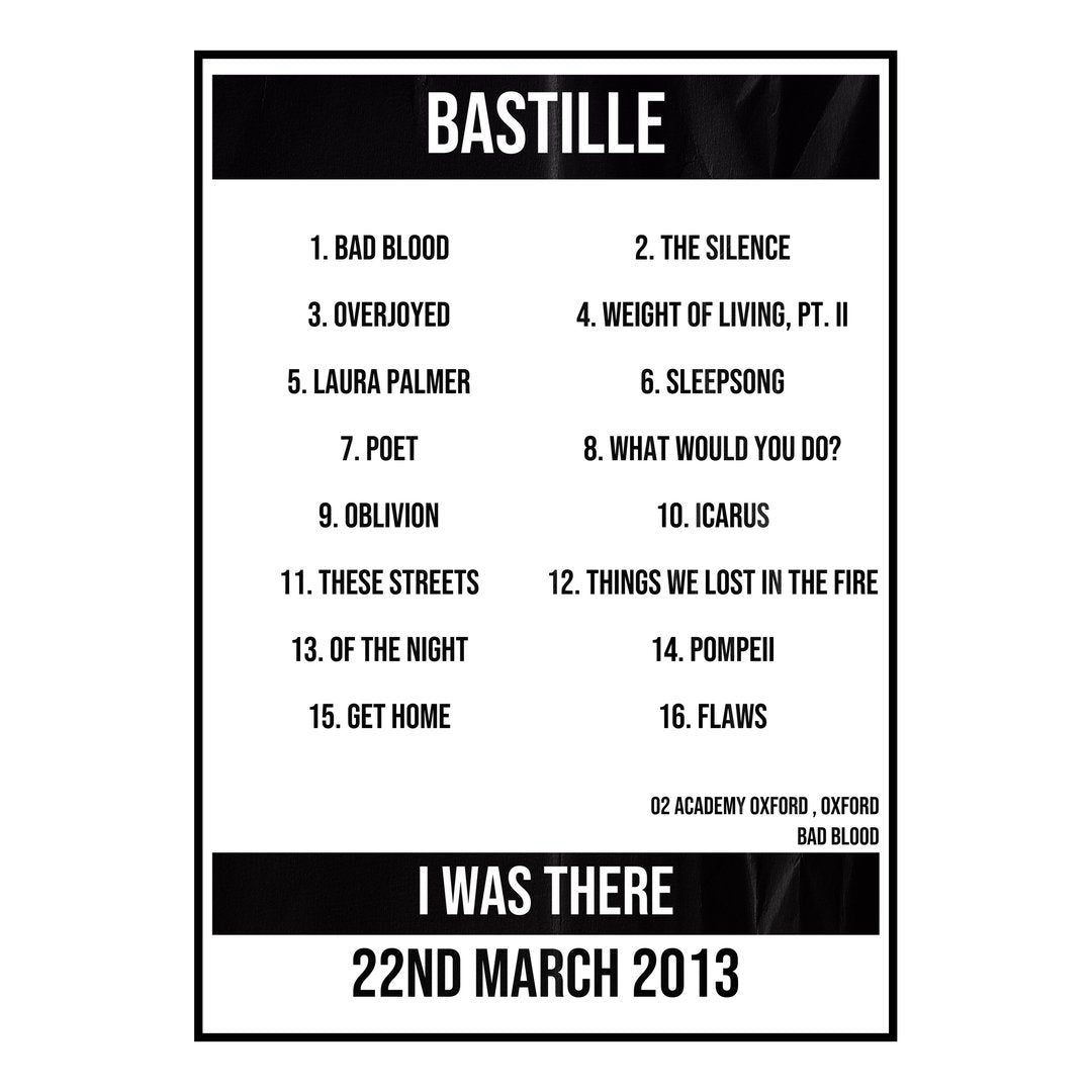 Bastille Oxford 22nd March 2013 Setlist poster