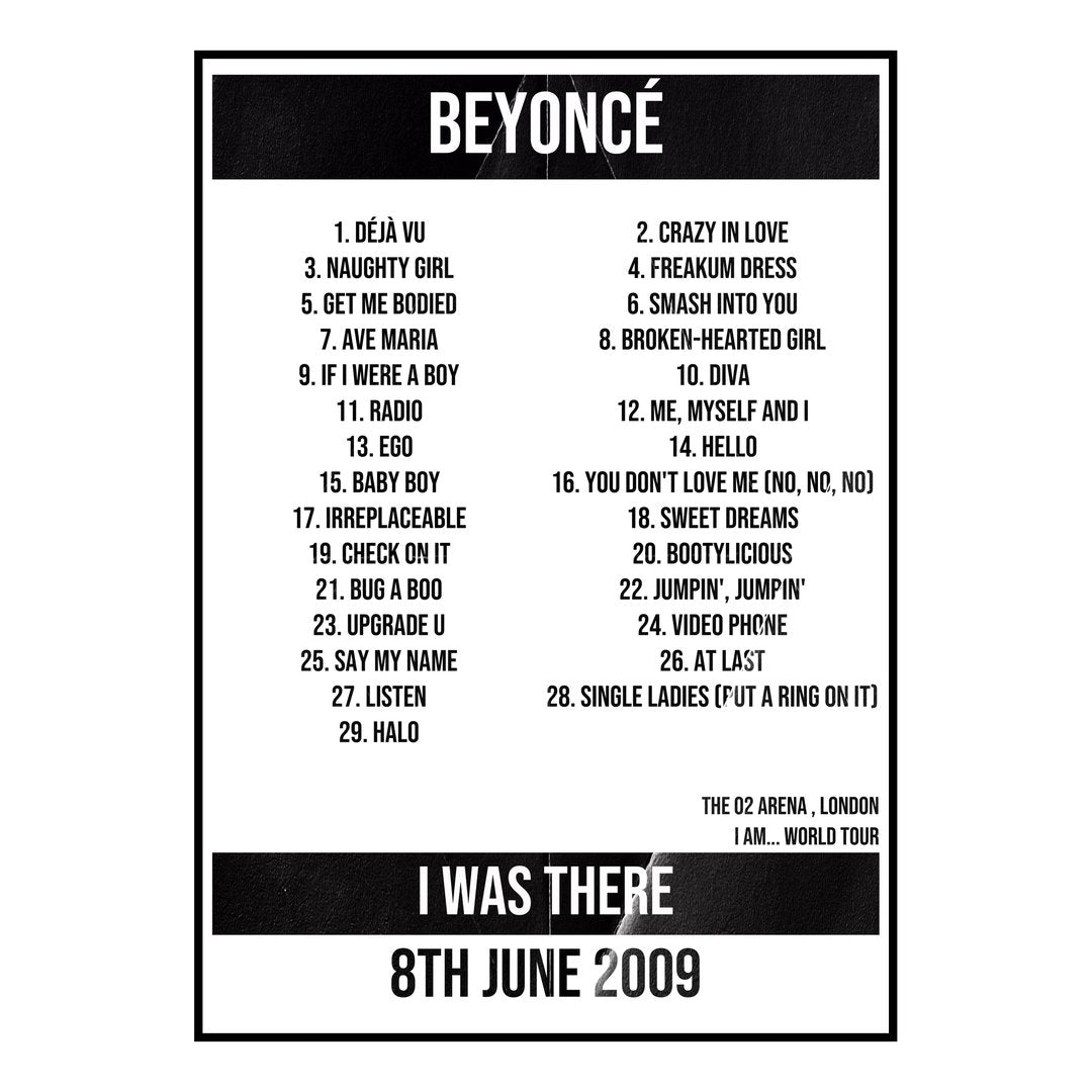 Beyoncé London 8th June 2009 Setlist poster