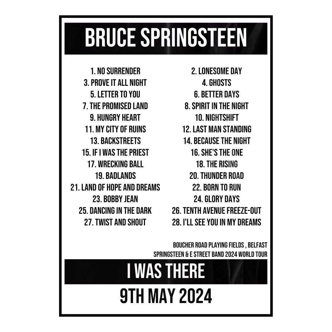 Bruce Springsteen Belfast 9th May 2024 Setlist poster