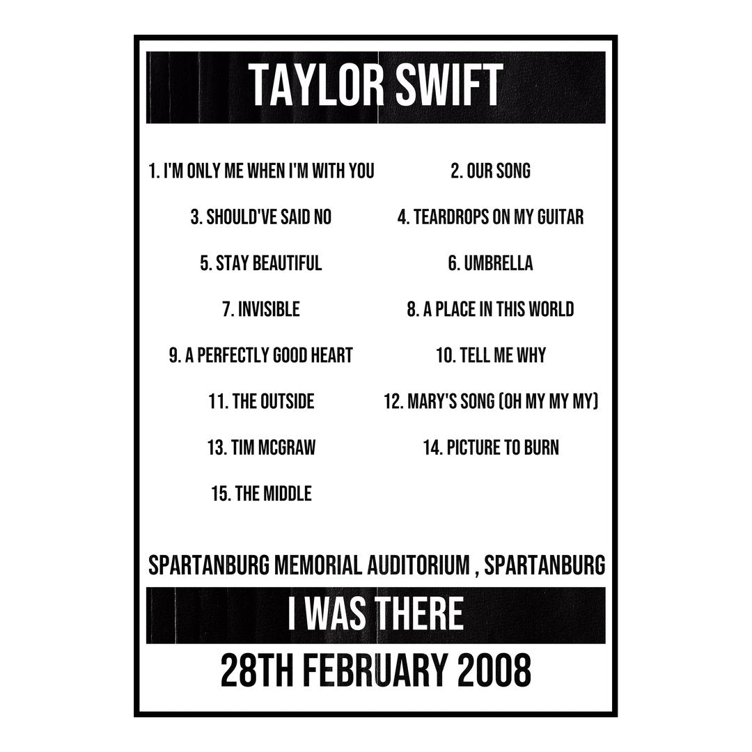 Taylor Swift Spartanburg 28th February 2008 Setlist poster