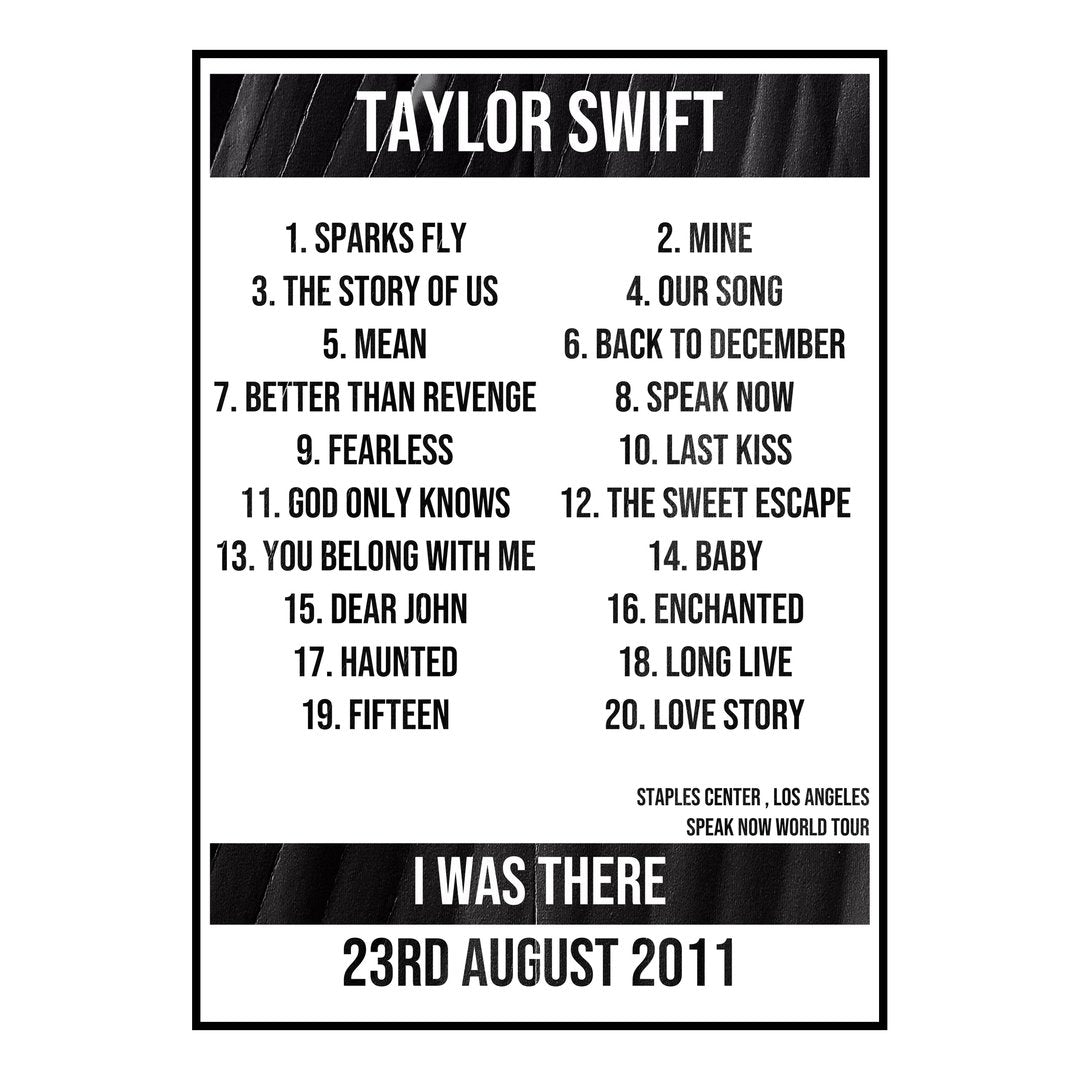 Taylor Swift Los Angeles 23rd August 2011 Setlist poster
