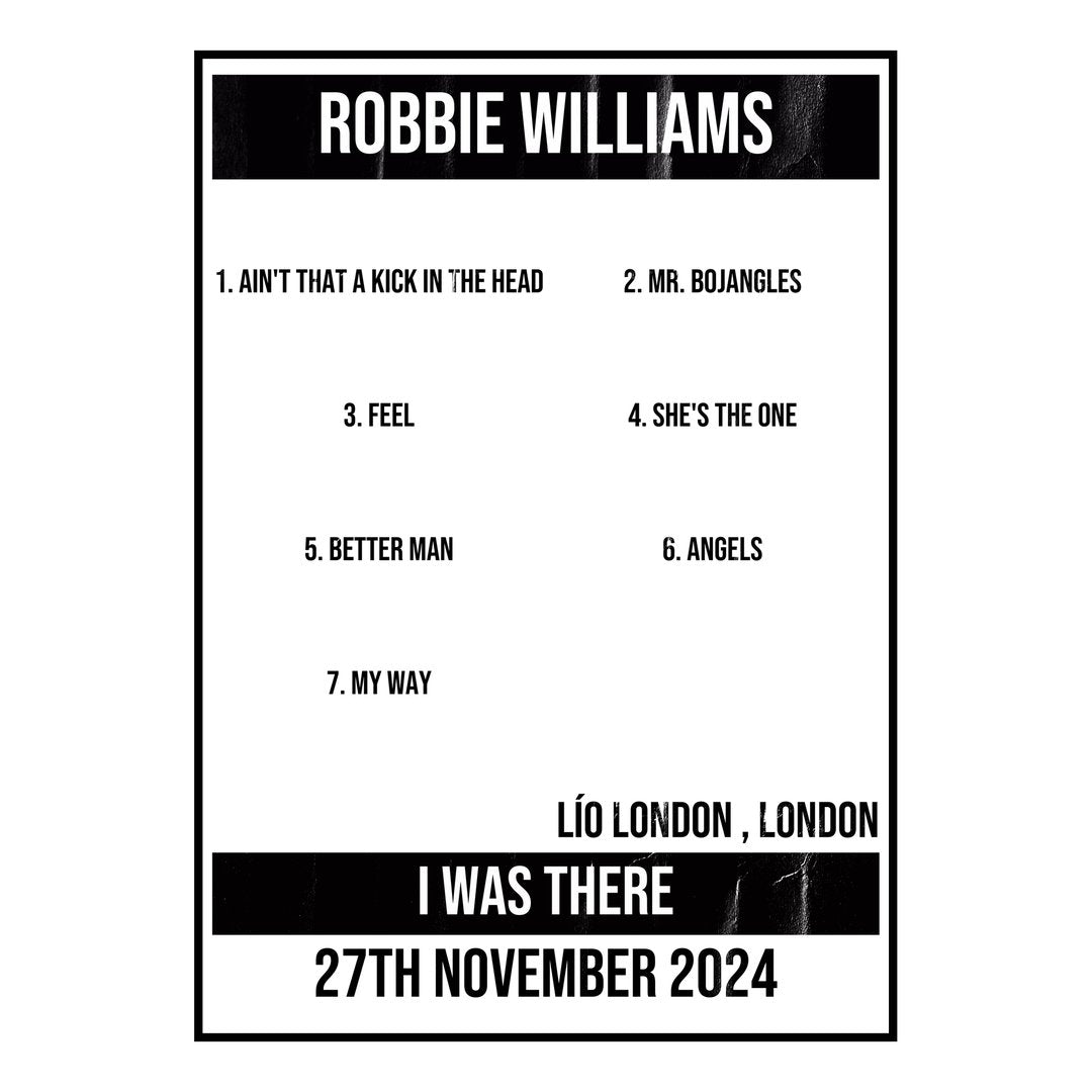 Robbie Williams London 27th November 2024 Setlist poster