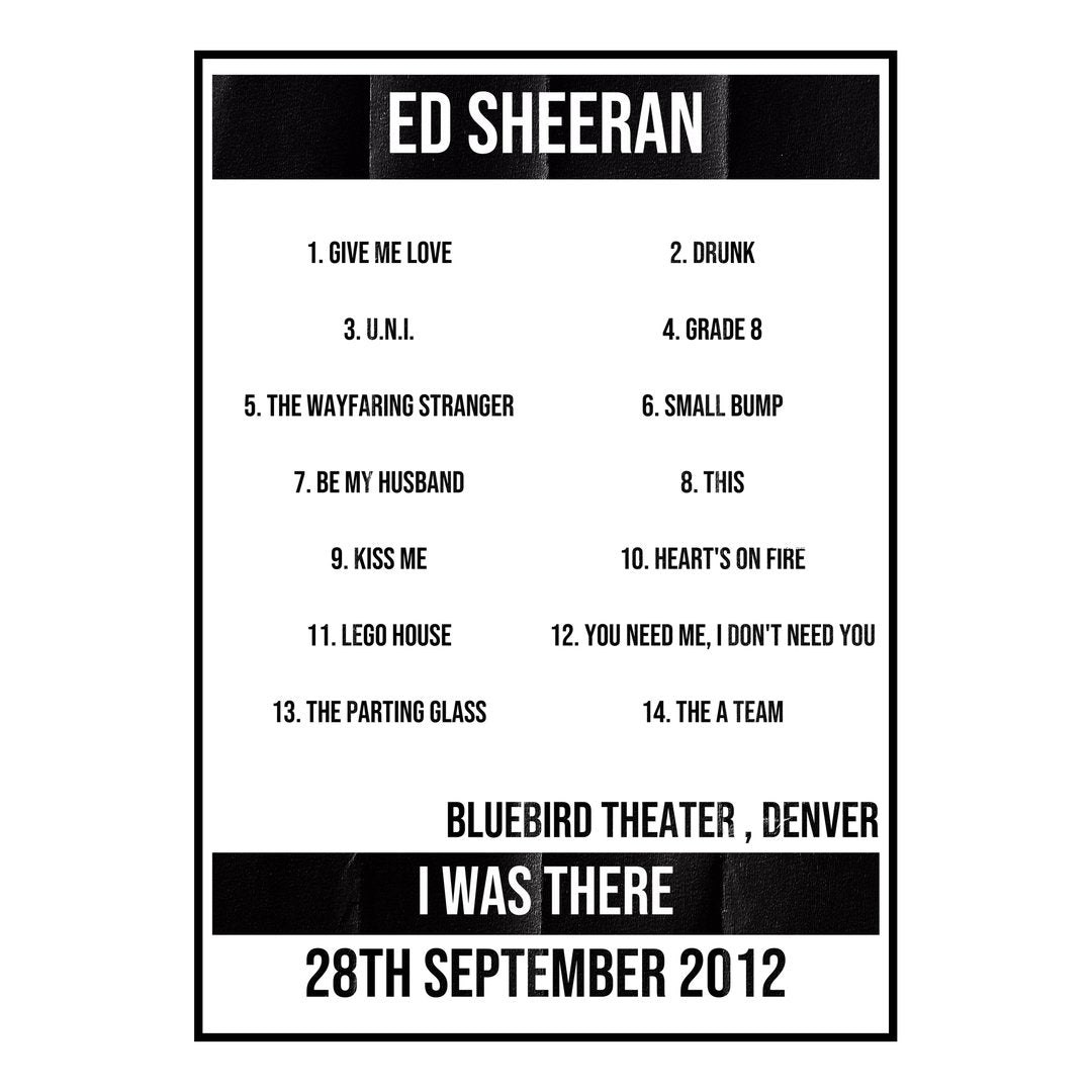 Ed Sheeran Denver 28th September 2012 Setlist poster