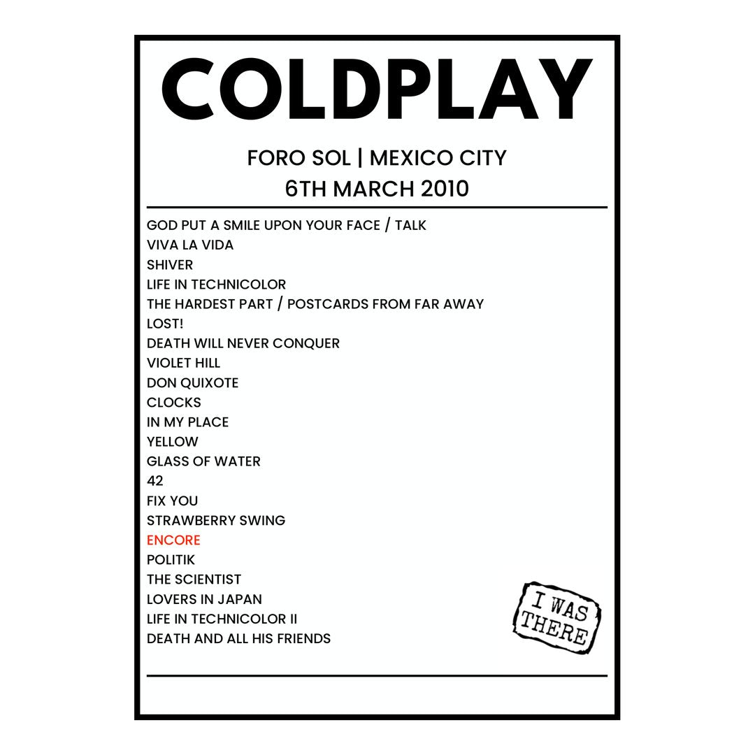 Coldplay Mexico City 6th March 2010 Setlist poster
