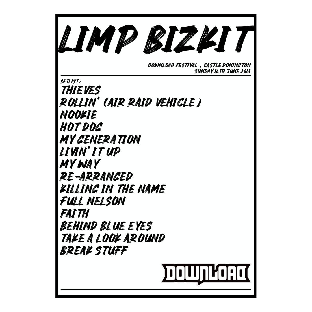 Limp Bizkit Castle Donington 16th June 2013 Setlist poster