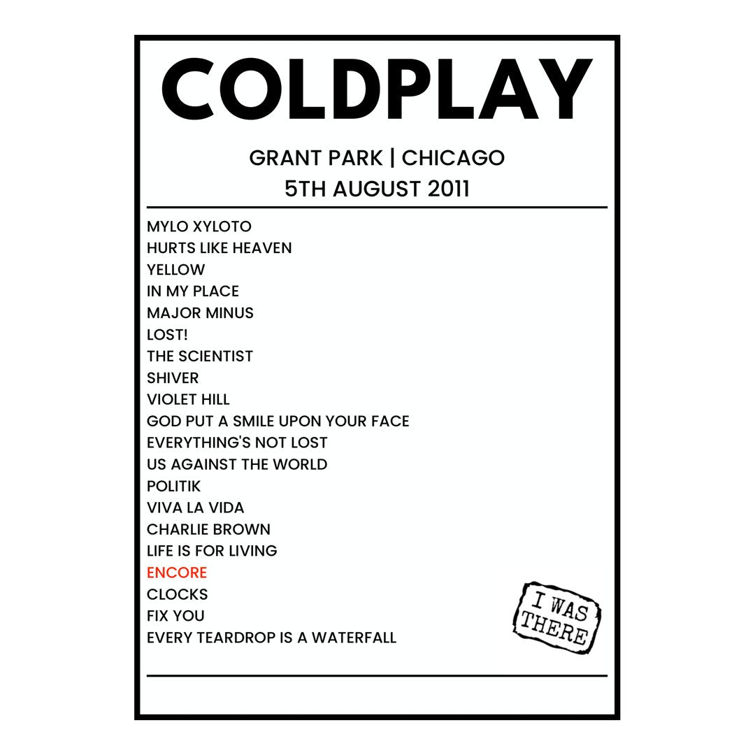 Coldplay Chicago 5th August 2011 Setlist poster