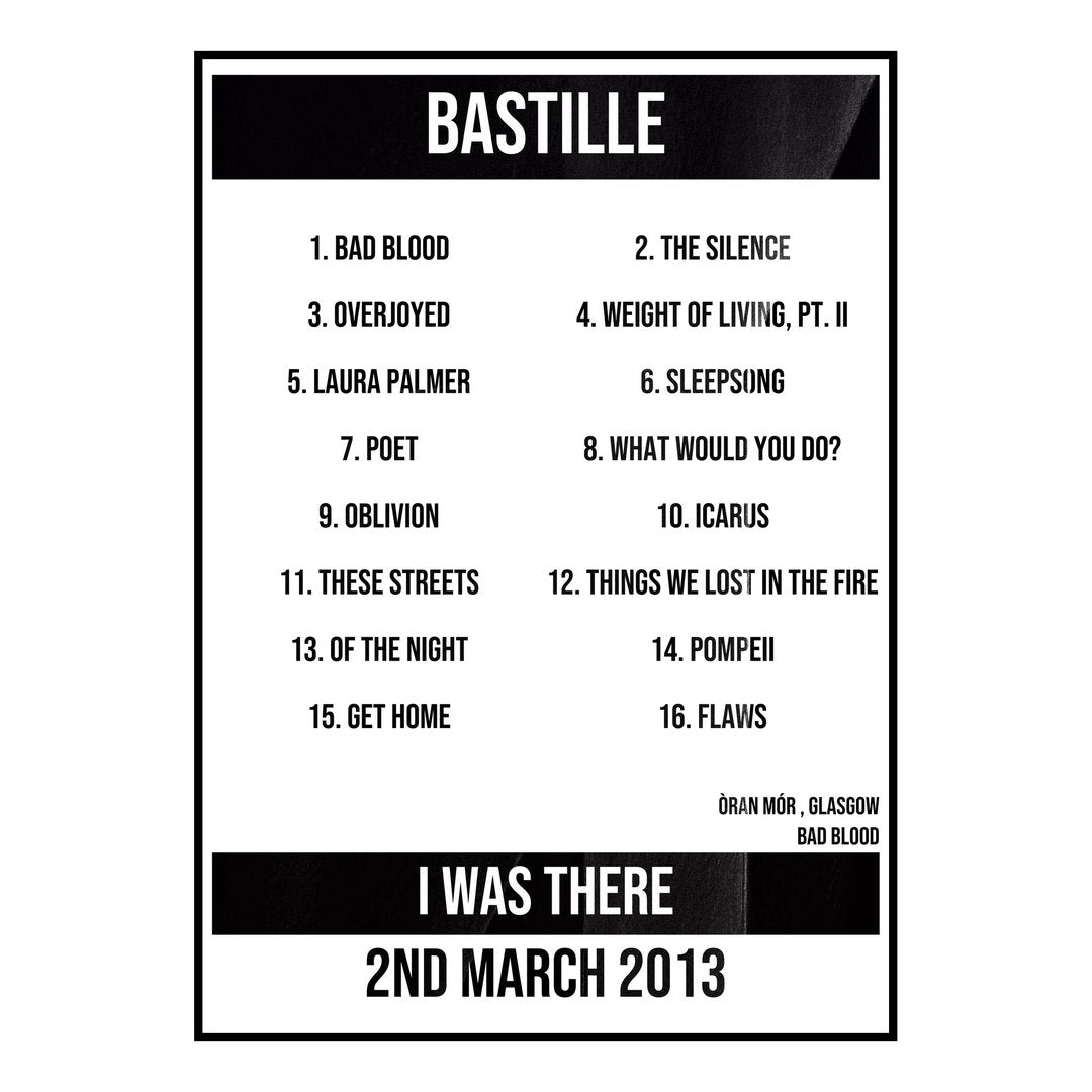 Bastille Glasgow 2nd March 2013 Setlist poster