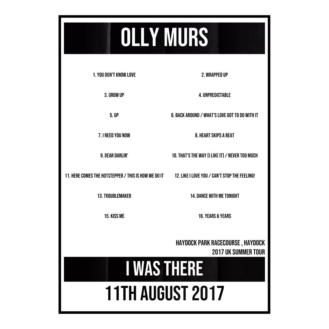 Olly Murs Haydock 11th August 2017 Setlist poster