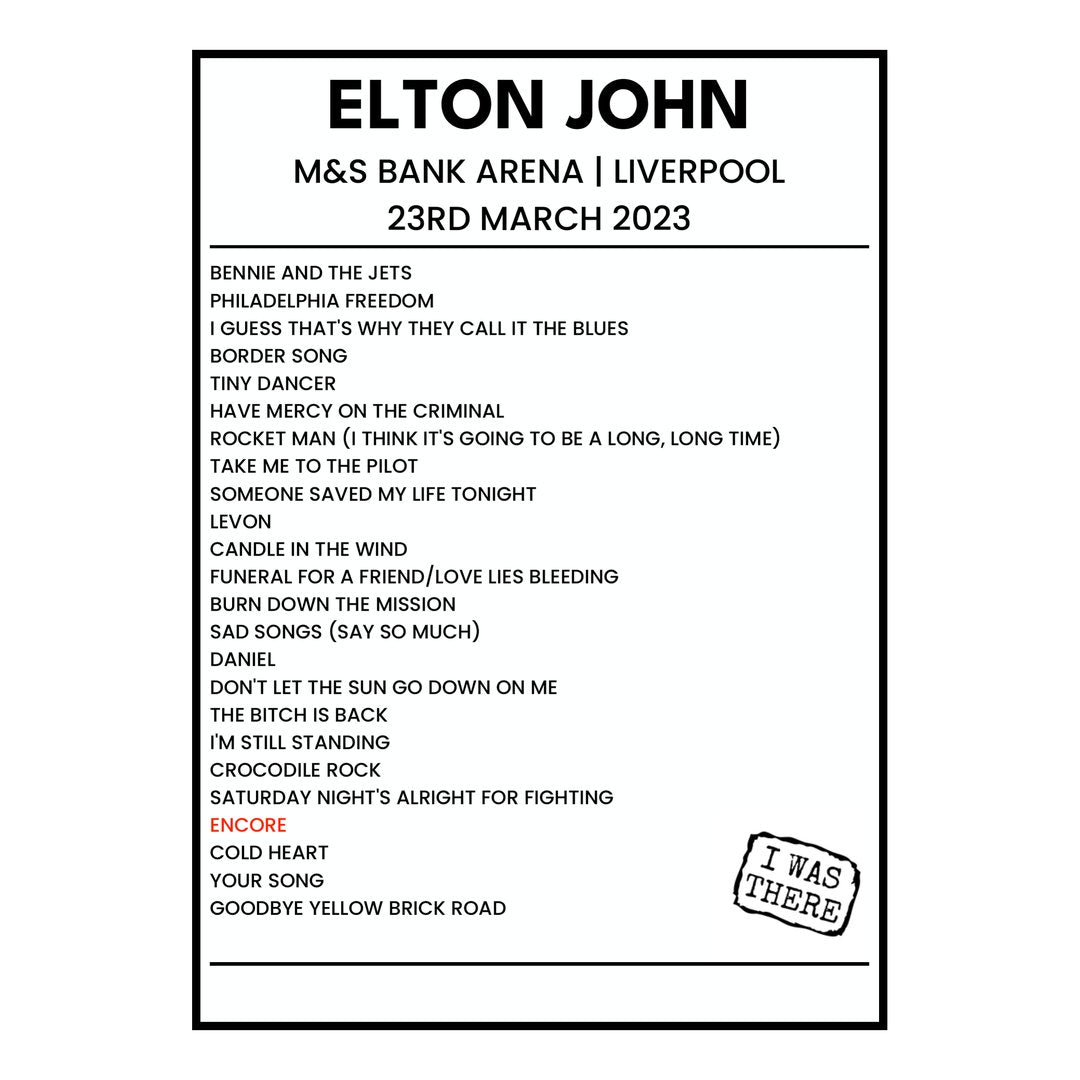 Elton John Liverpool 23rd March 2023 Setlist poster