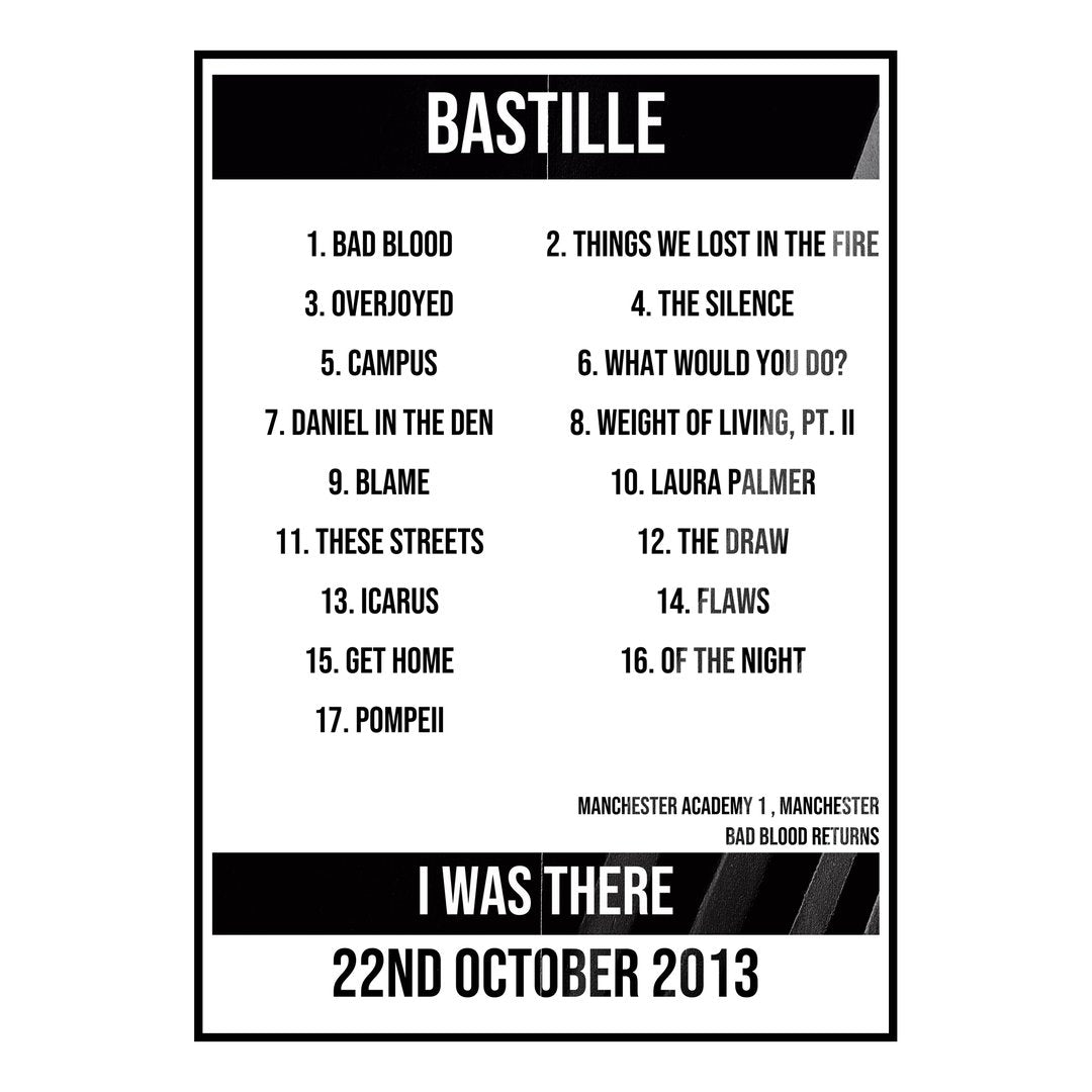 Bastille Manchester 22nd October 2013 Setlist poster