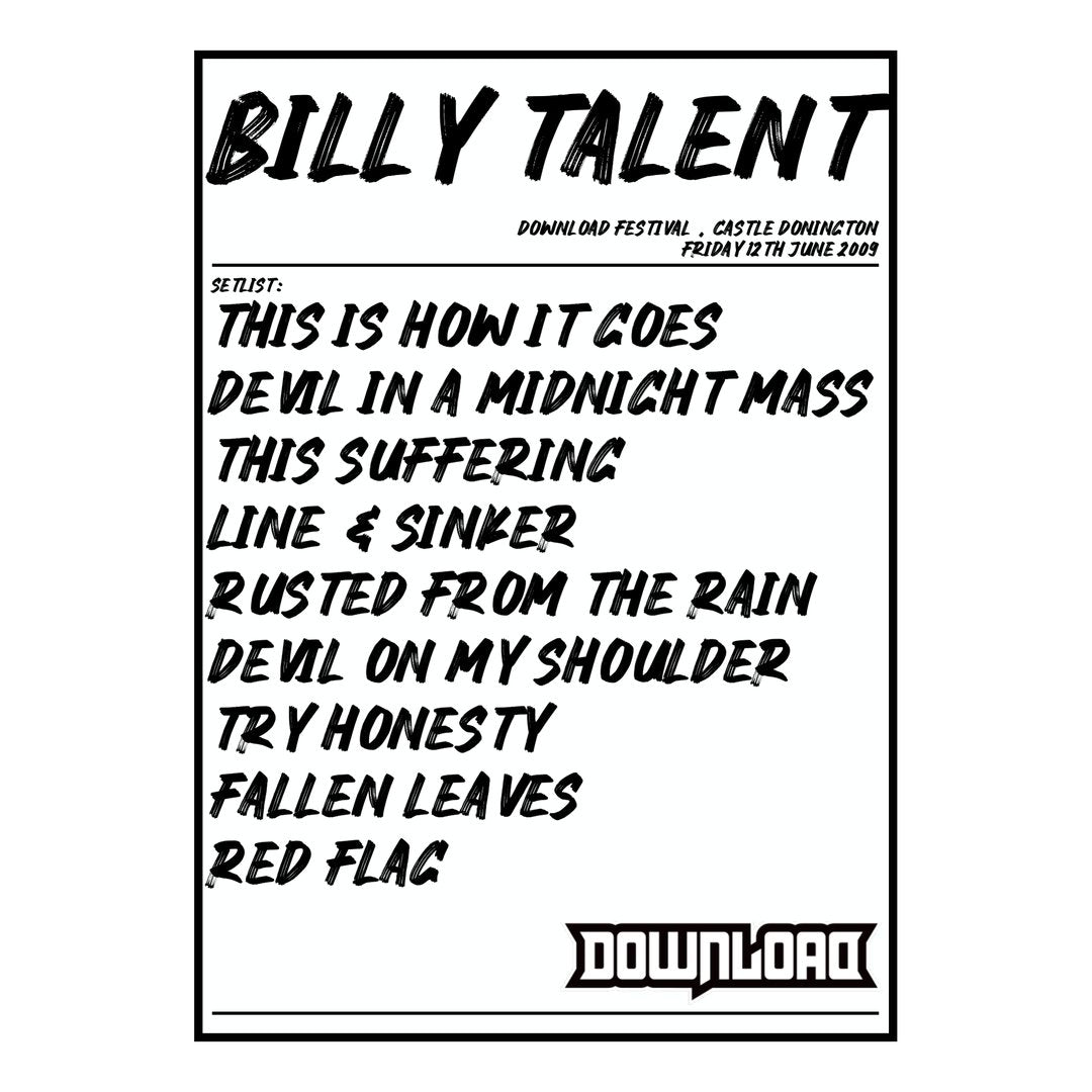 Billy Talent Castle Donington 12th June 2009 Setlist poster