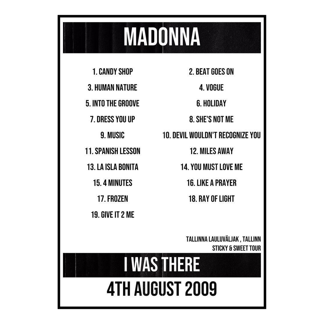 Madonna Tallinn 4th August 2009 Setlist poster
