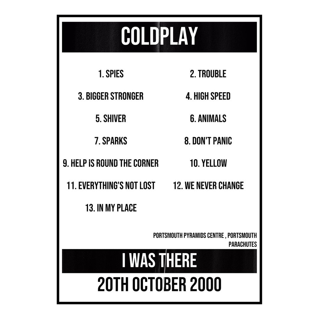 Coldplay Portsmouth 20th October 2000 Setlist poster