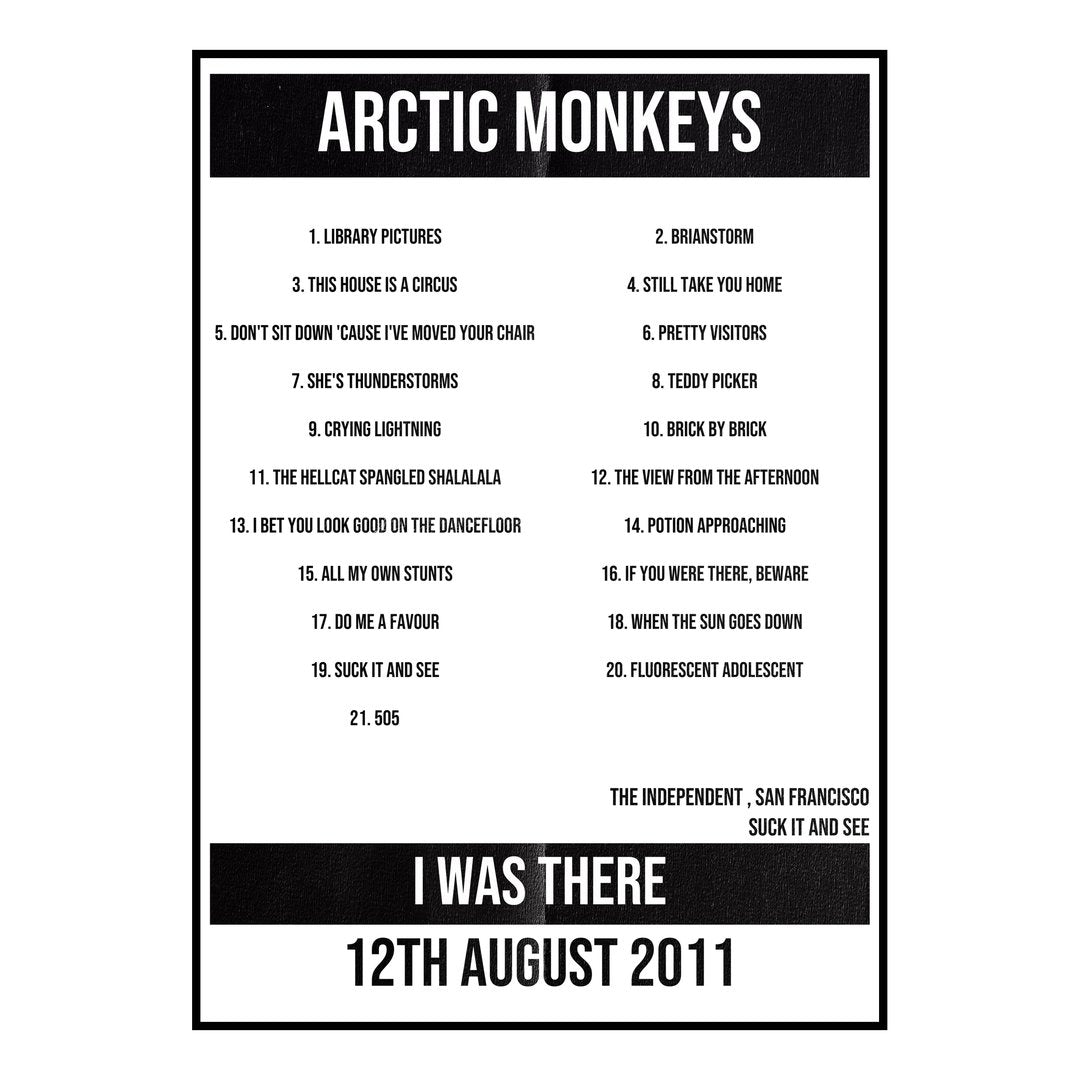 Arctic Monkeys San Francisco 12th August 2011 Setlist poster
