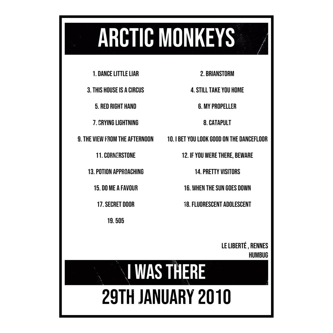 Arctic Monkeys Rennes 29th January 2010 Setlist poster