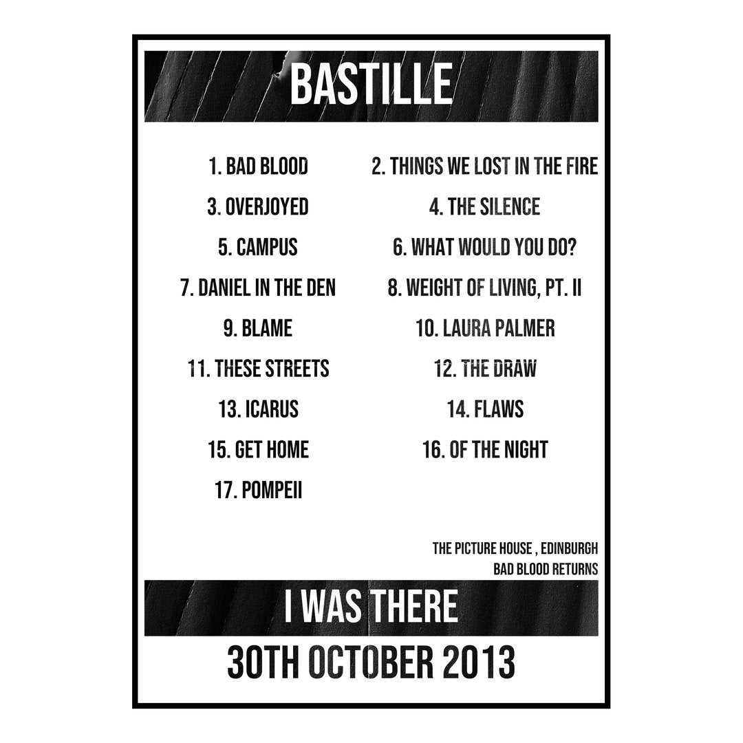 Bastille Edinburgh 30th October 2013 Setlist poster
