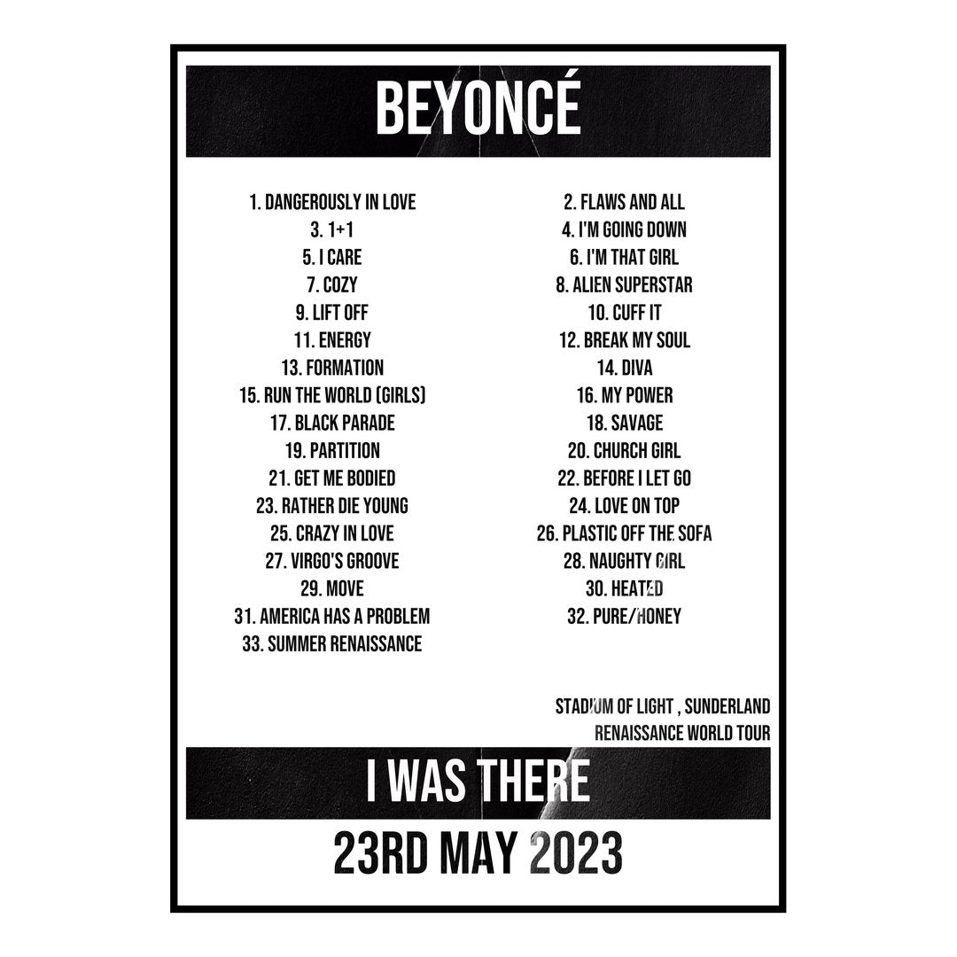 Beyoncé Sunderland 23rd May 2023 Setlist poster