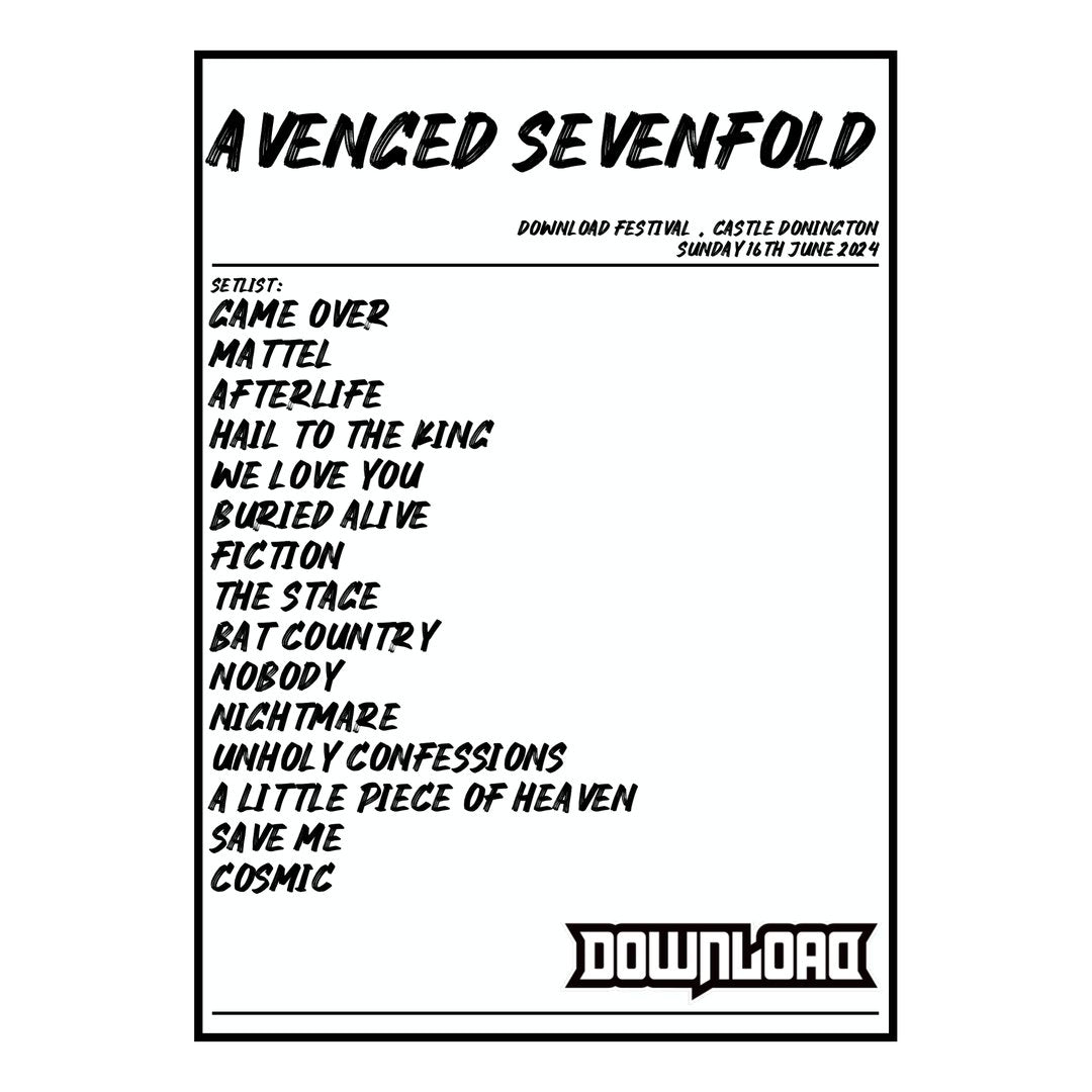 Avenged Sevenfold Castle Donington 16th June 2024 Setlist poster