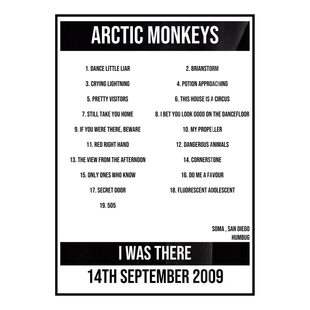 Arctic Monkeys San Diego 14th September 2009 Setlist poster