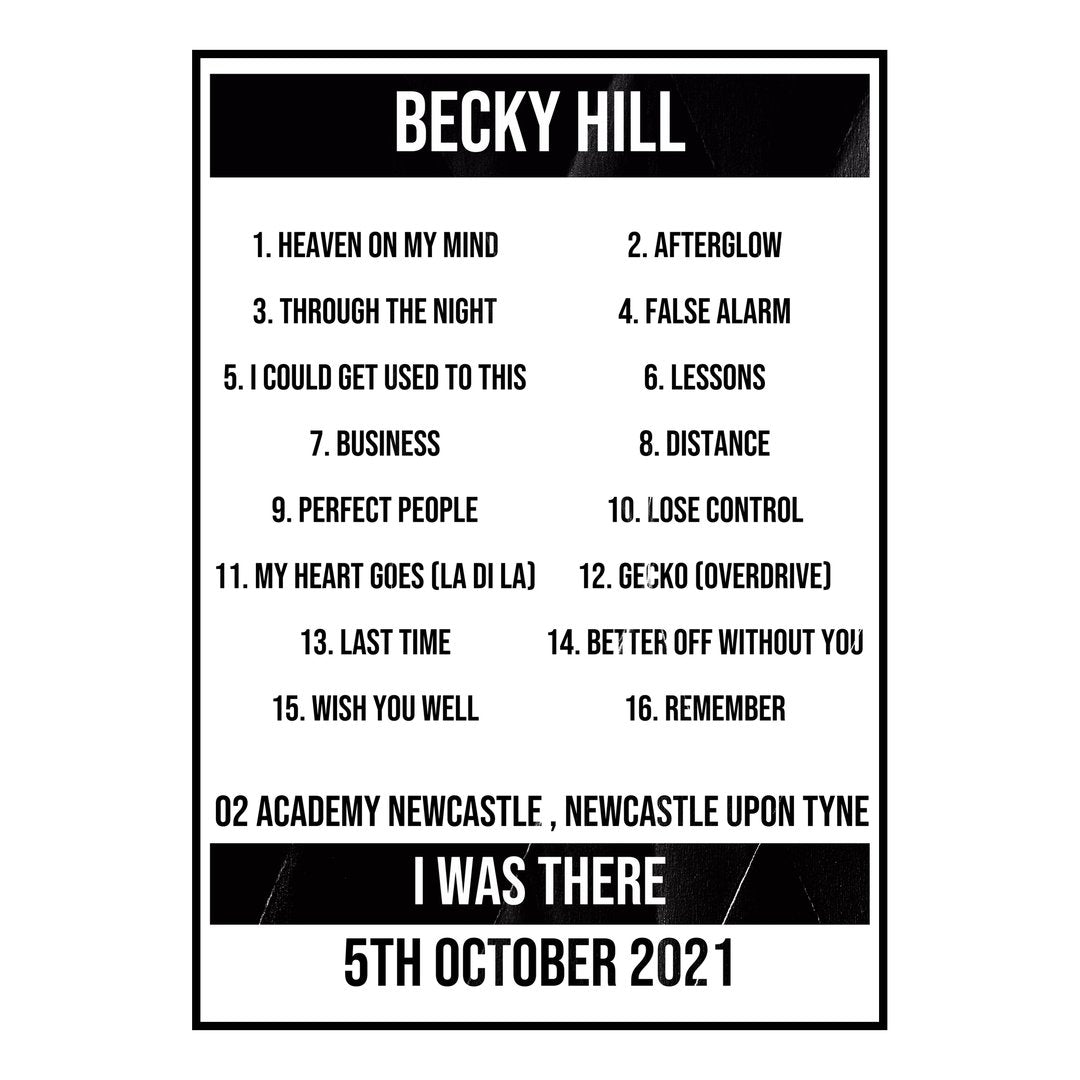 Becky Hill Newcastle upon Tyne 5th October 2021 Setlist poster