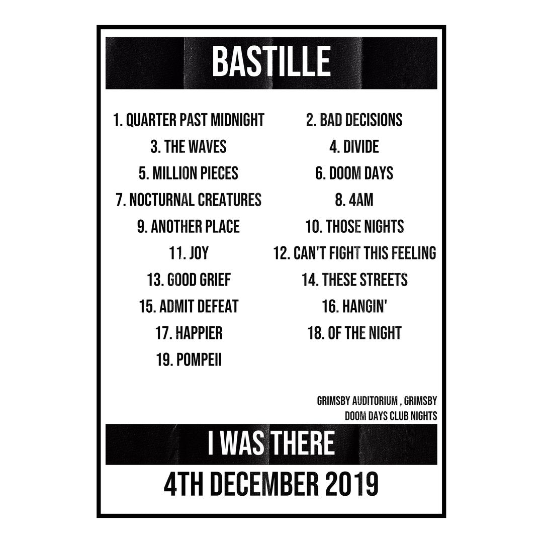 Bastille Grimsby 4th December 2019 Setlist poster