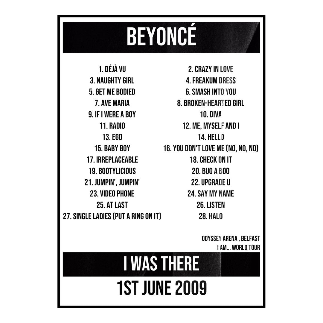 Beyoncé Belfast 1st June 2009 Setlist poster