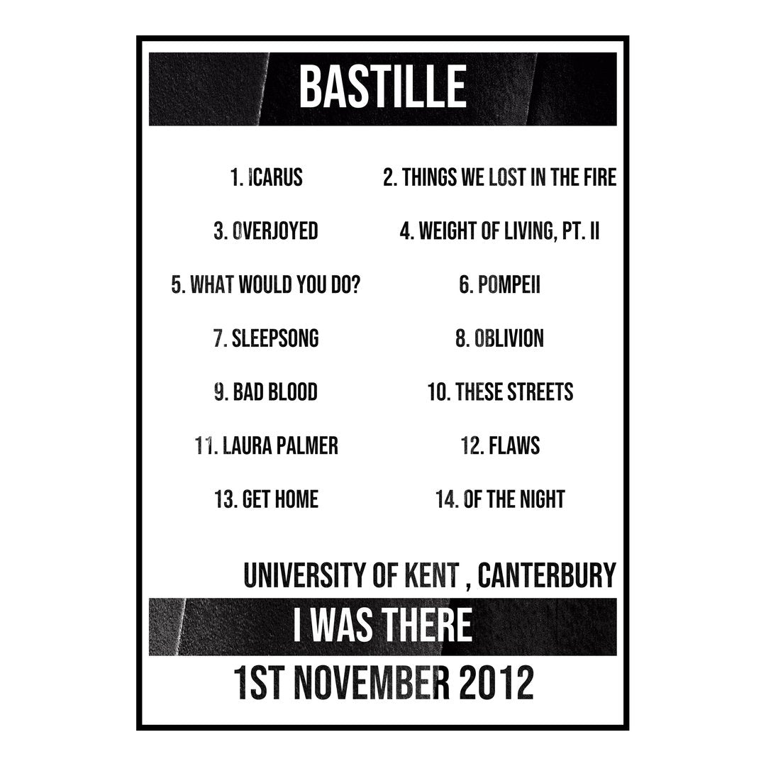 Bastille Canterbury 1st November 2012 Setlist poster