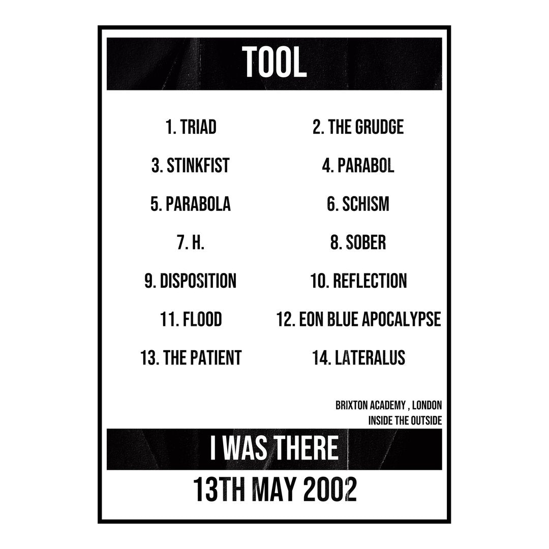 Tool London 13th May 2002 Setlist poster