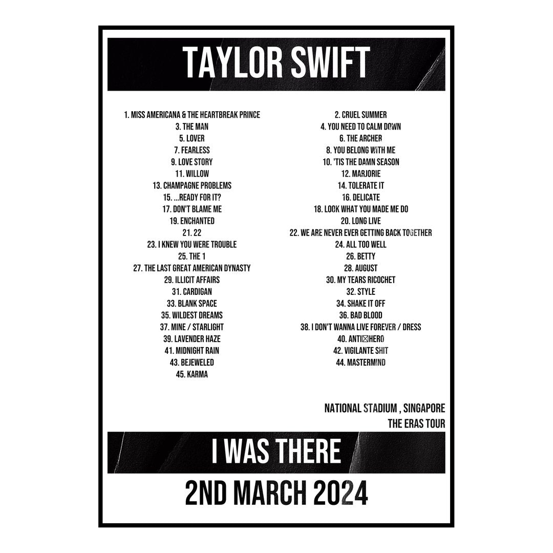 Taylor Swift Singapore 2nd March 2024 Setlist poster