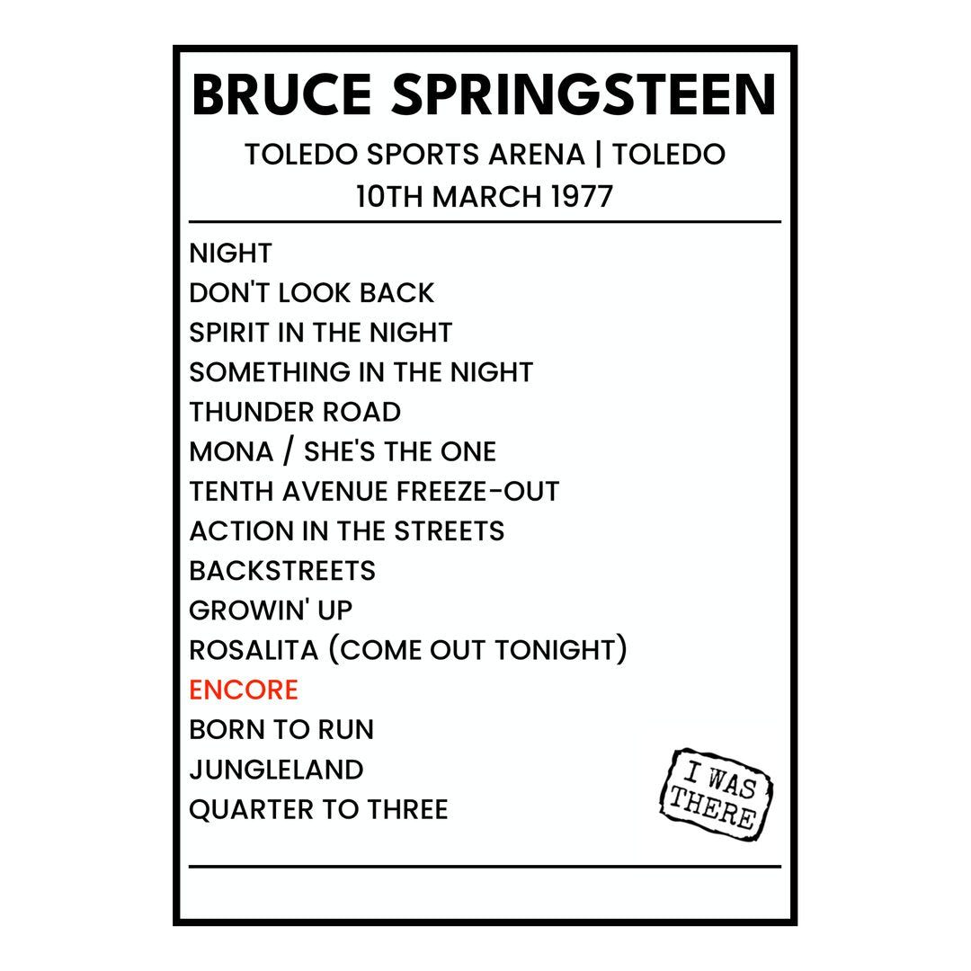 Bruce Springsteen Toledo 10th March 1977 Setlist poster