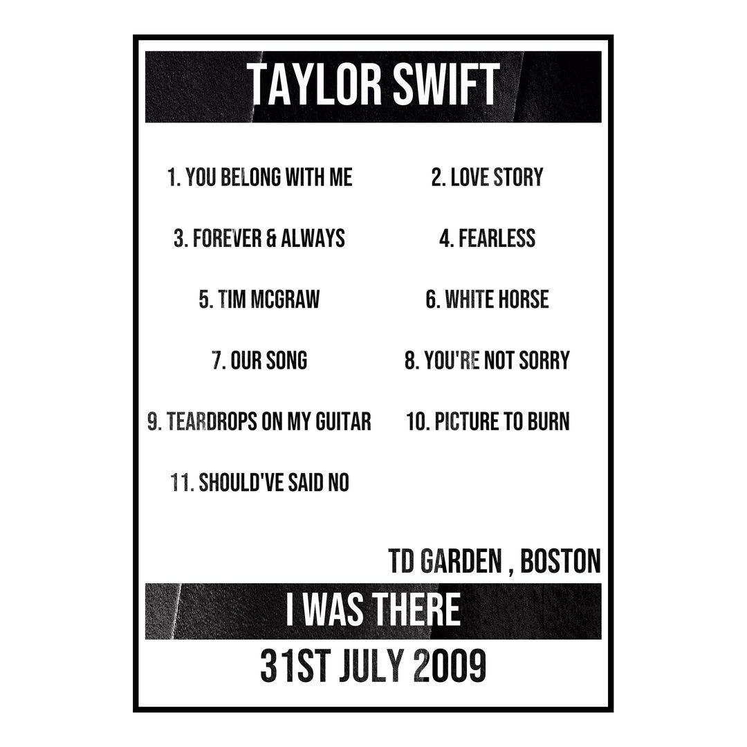 Taylor Swift Boston 31st July 2009 Setlist poster