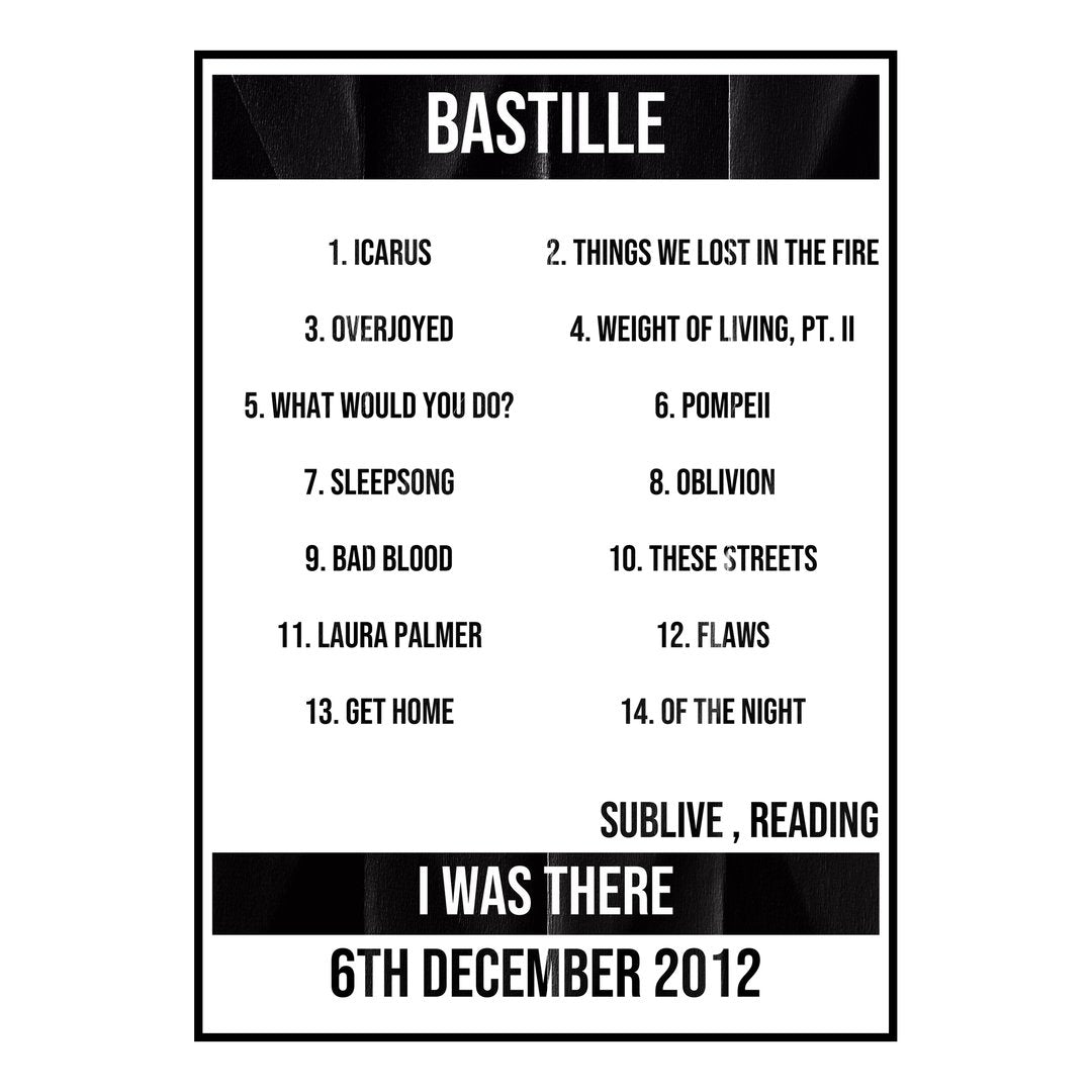 Bastille Reading 6th December 2012 Setlist poster