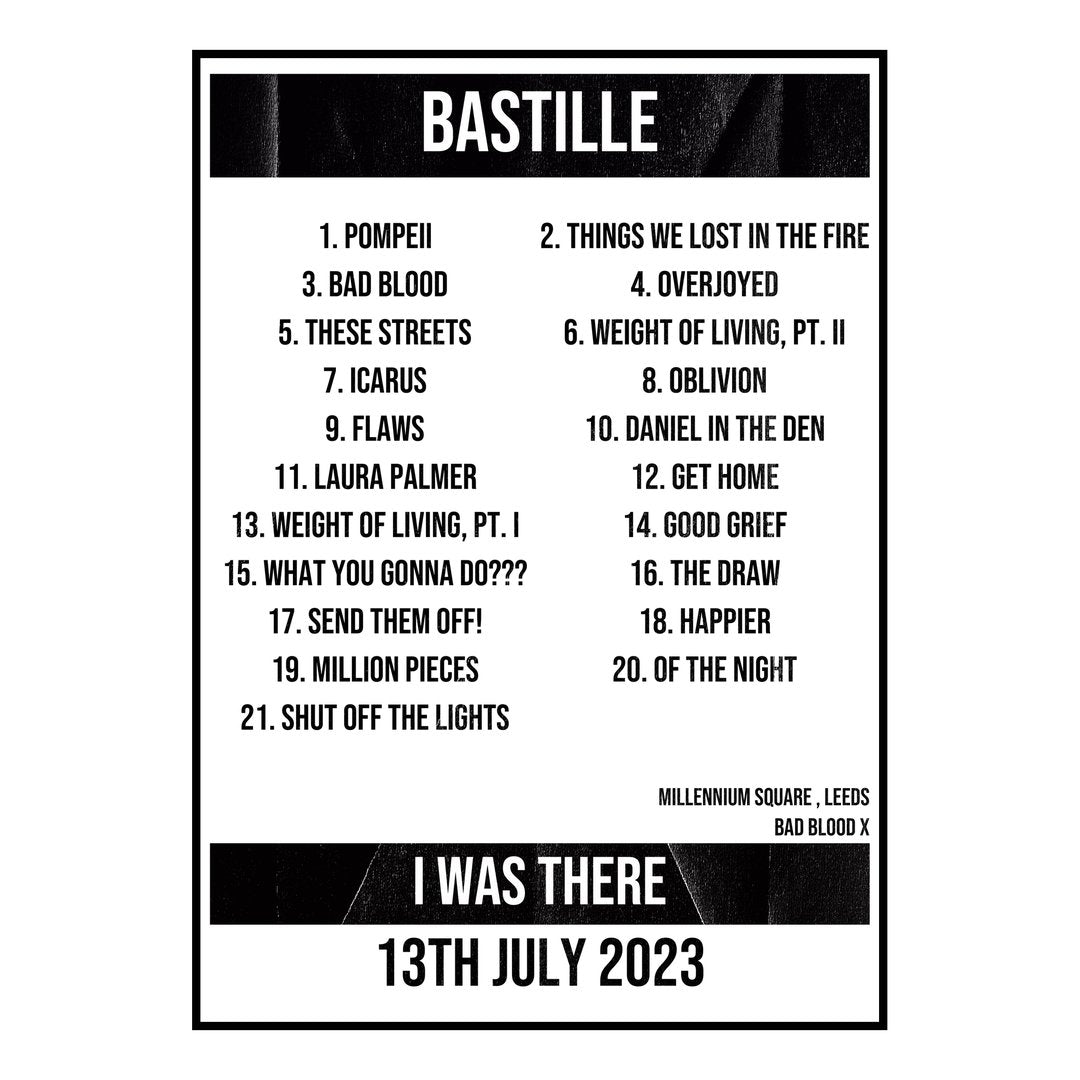 Bastille Leeds 13th July 2023 Setlist poster