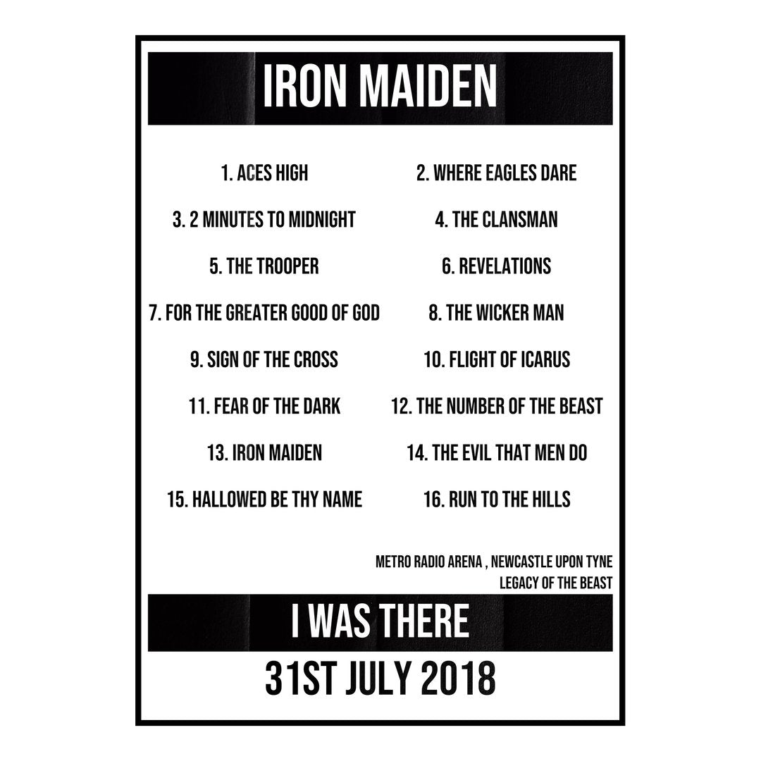 Iron Maiden Newcastle upon Tyne 31st July 2018 Setlist poster