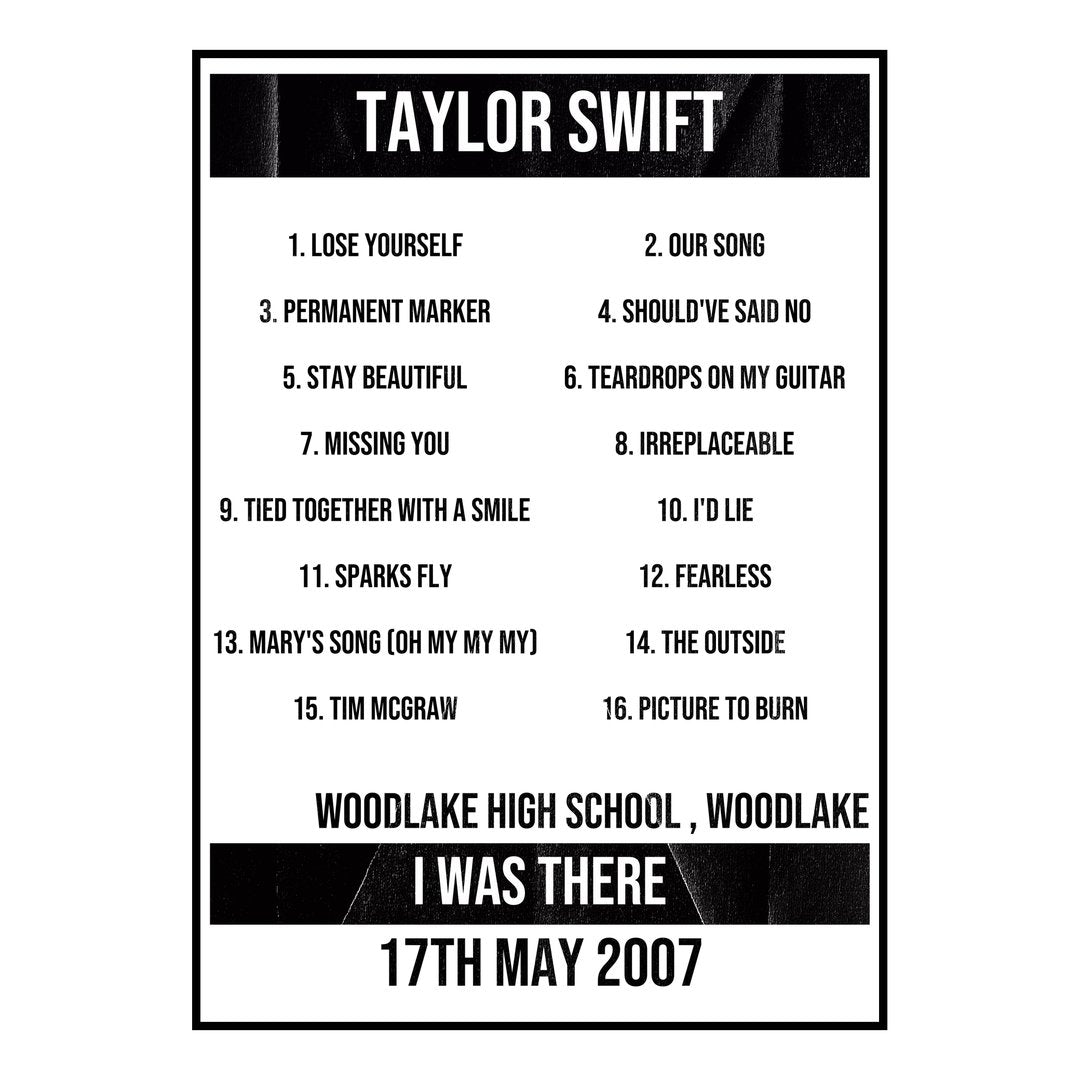 Taylor Swift Woodlake 17th May 2007 Setlist poster