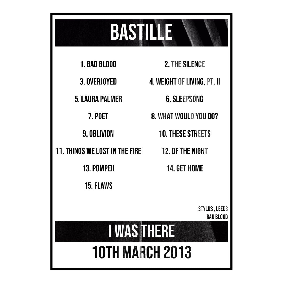 Bastille Leeds 10th March 2013 Setlist poster