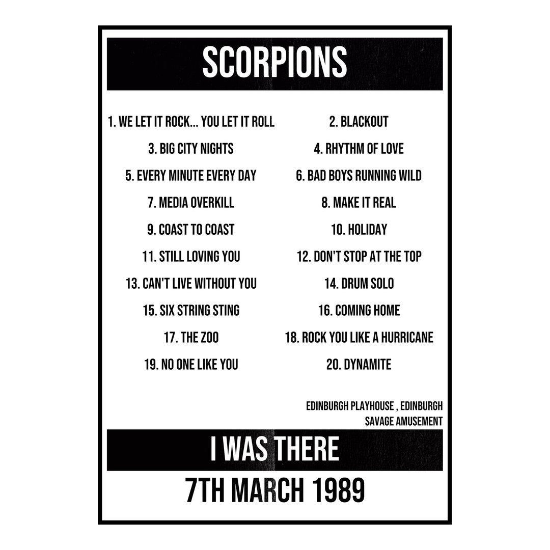 Scorpions Edinburgh 7th March 1989 Setlist poster