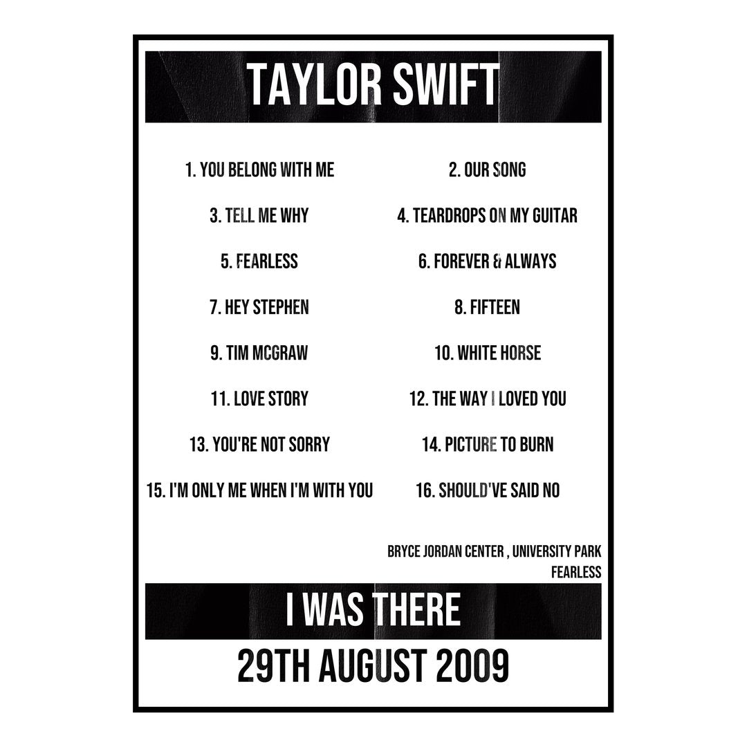 Taylor Swift University Park 29th August 2009 Setlist poster