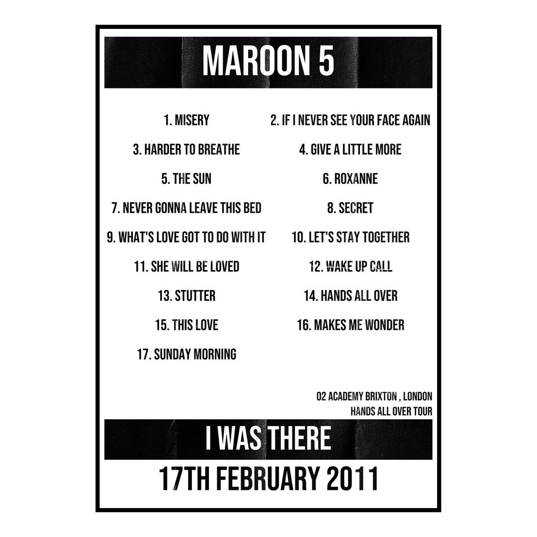 Maroon 5 London 17th February 2011 Setlist poster