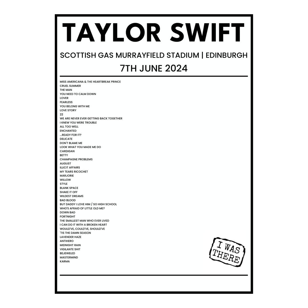 Taylor Swift Edinburgh 7th June 2024 Setlist poster