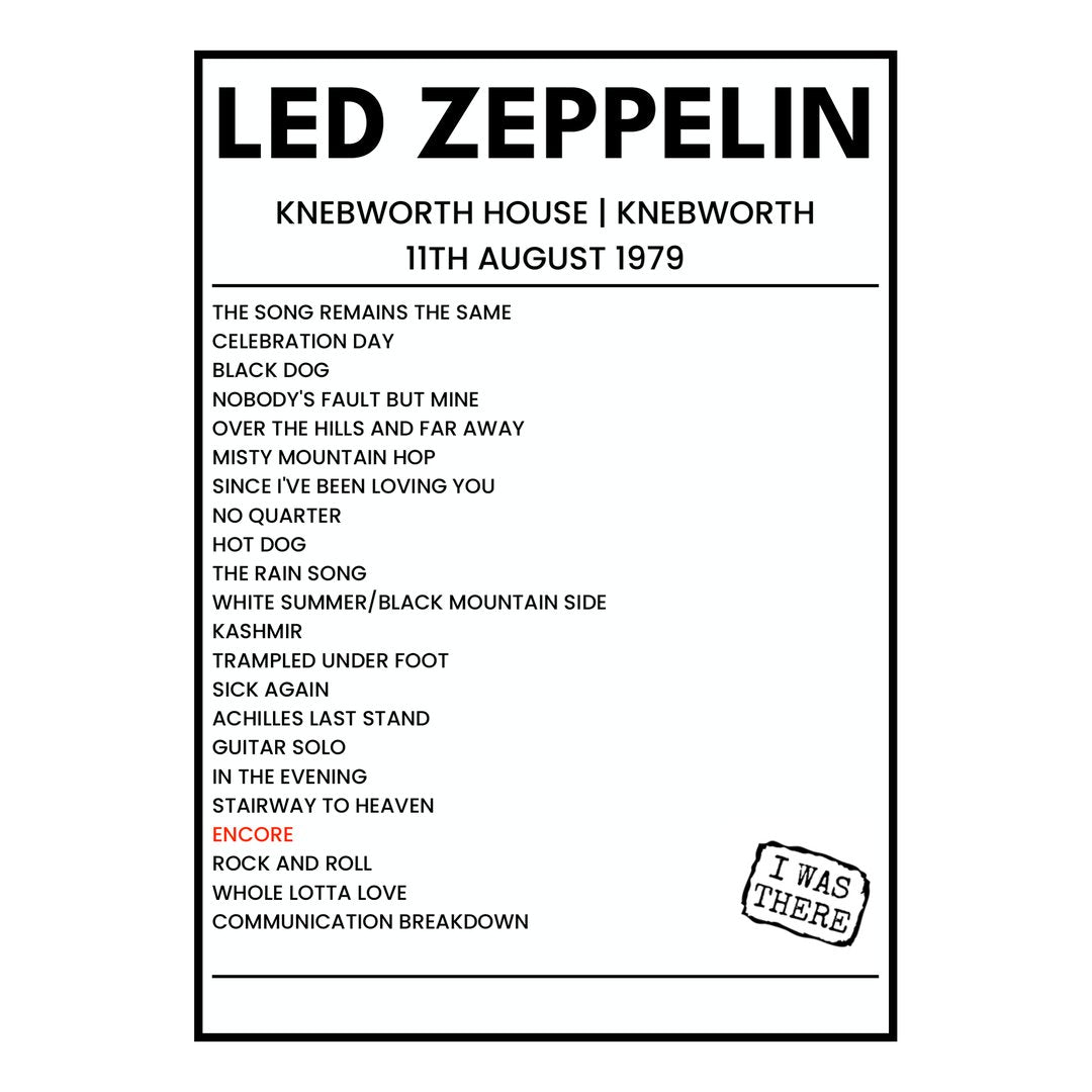 Led Zeppelin Knebworth 11th August 1979 Setlist poster