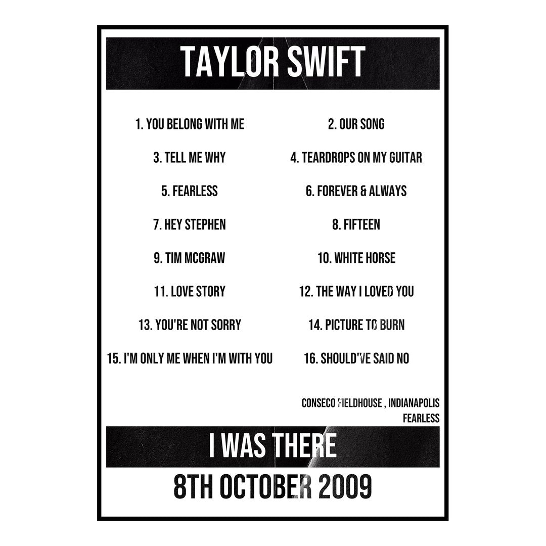 Taylor Swift Indianapolis 8th October 2009 Setlist poster