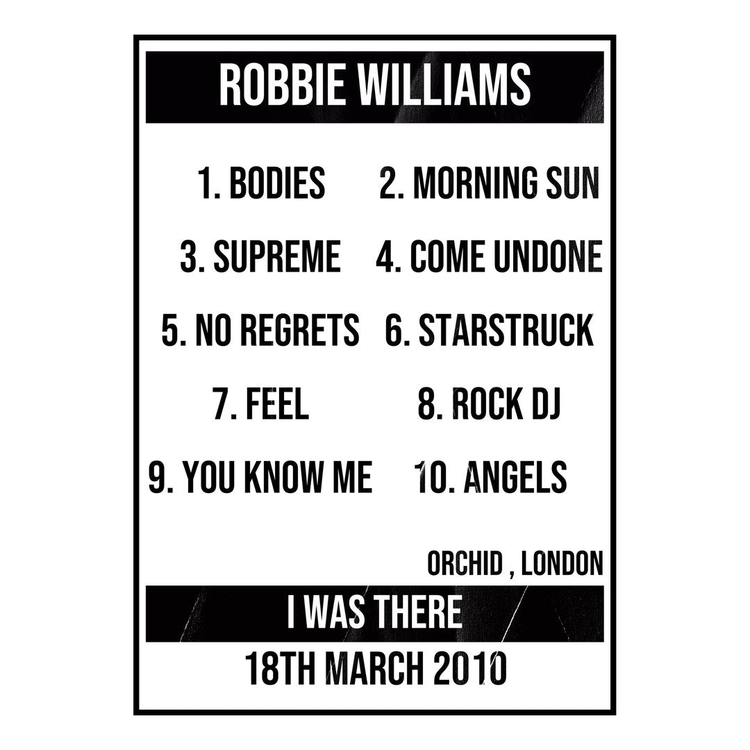 Robbie Williams London 18th March 2010 Setlist poster