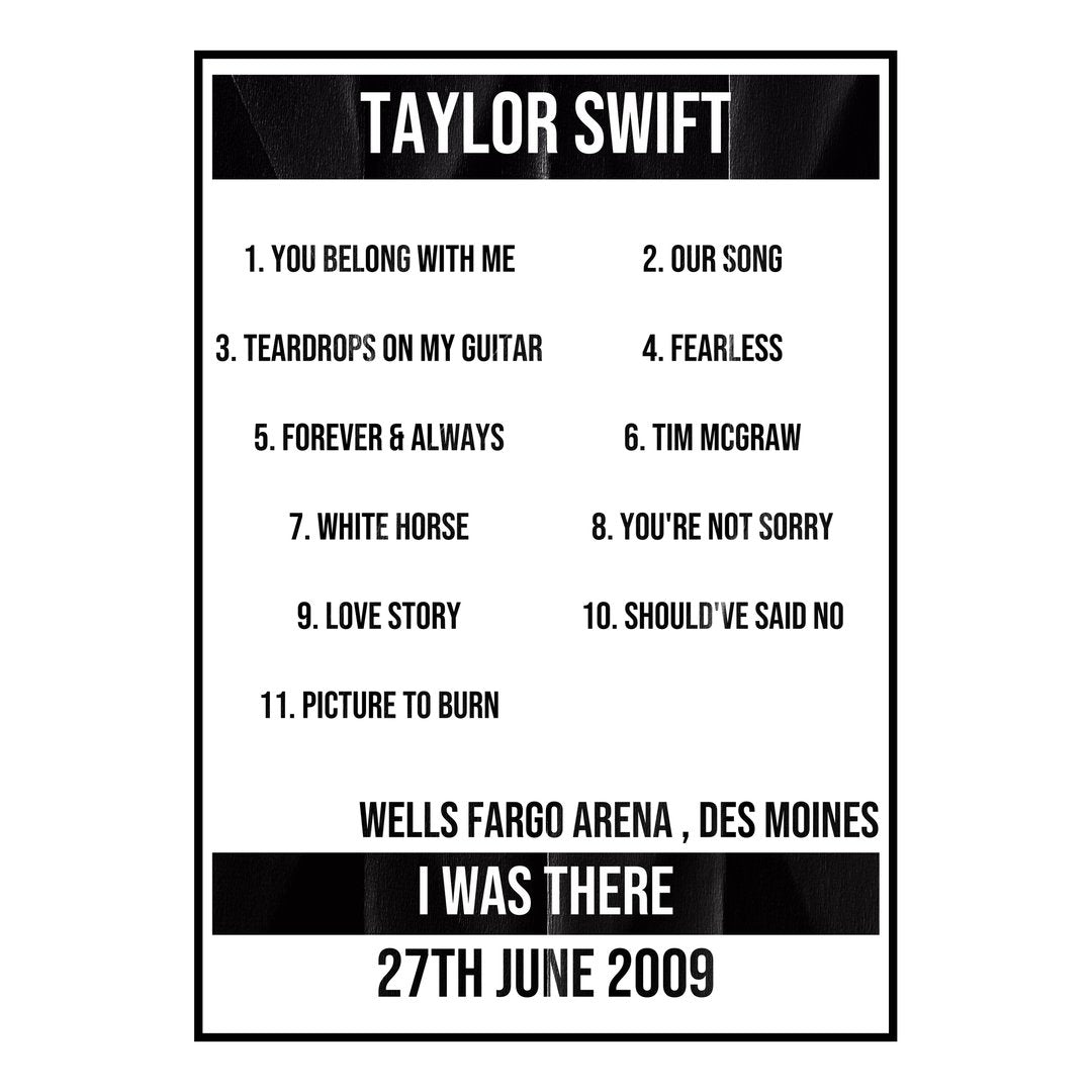 Taylor Swift Des Moines 27th June 2009 Setlist poster
