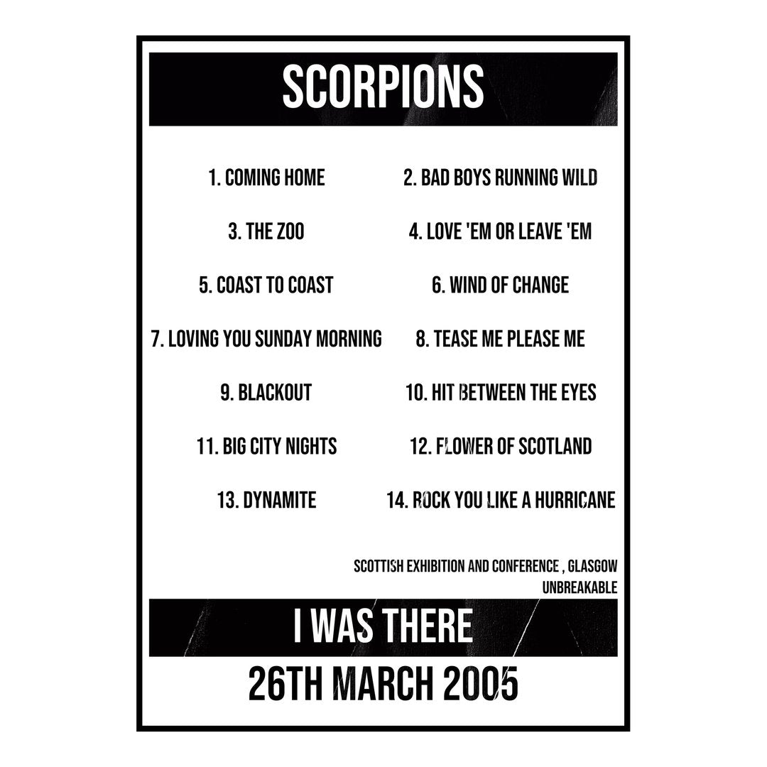 Scorpions Glasgow 26th March 2005 Setlist poster