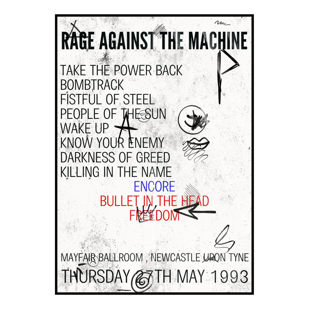 Rage Against the Machine Newcastle upon Tyne 27th May 1993 Setlist poster